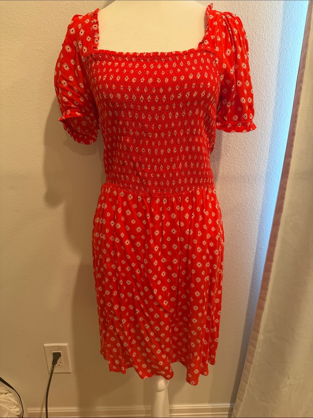 bp Red Floral Smocked Square-Neck Midi Dress with Puff Sleeves